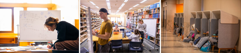 Scenes in the John C. Hodges Library, circa 2022: student sitting on library table; student at whiteboard; study “pods.”