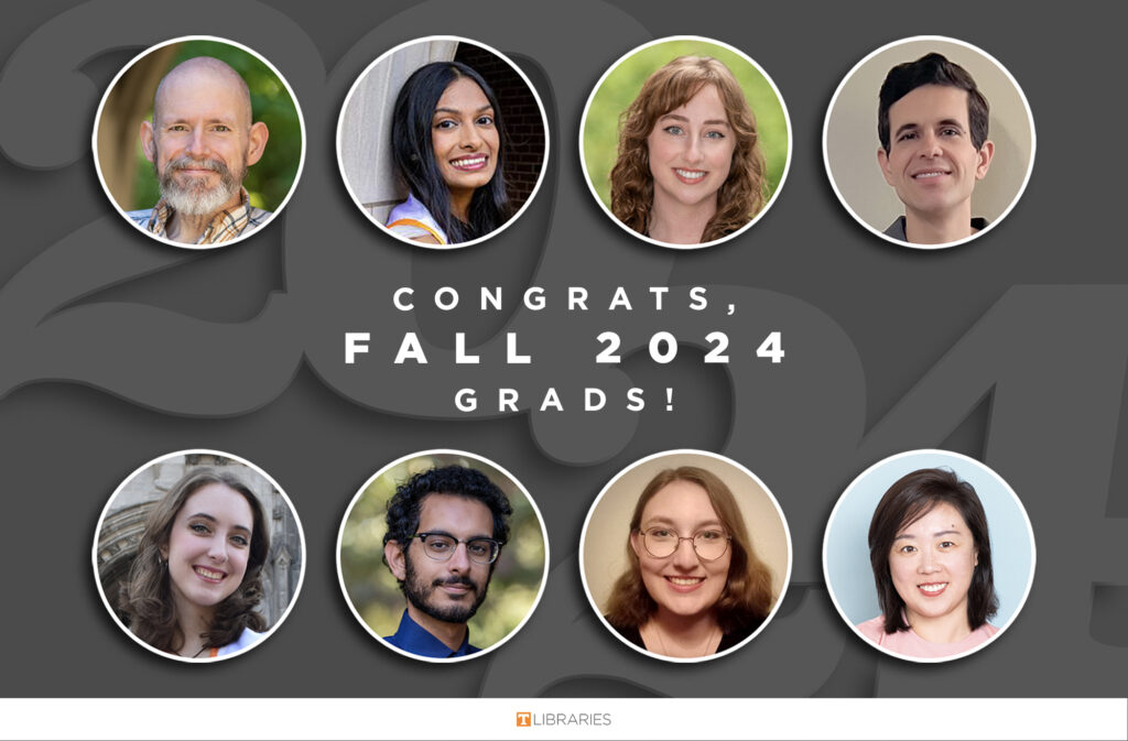 Graduating UT Libraries staff and student workers: Patrick Minton, Roshni Patel, Kelseigh Bien, Dennis Koch, Abby Robertson, Mina Shawky, Hannah Didsbury, Daisy Cui