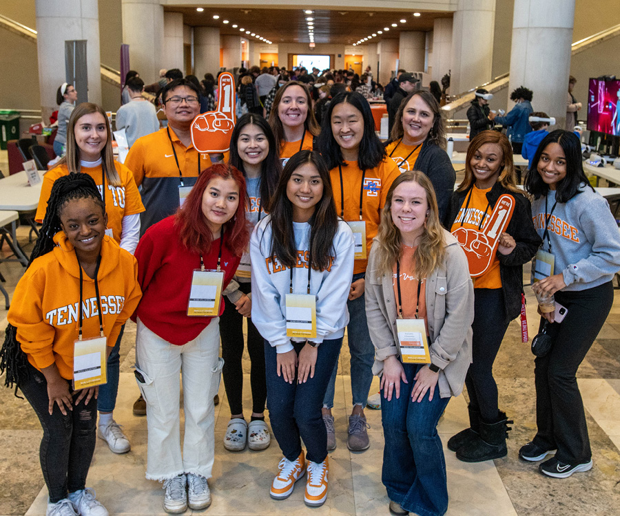 Current UT engineering students pose at the 2023 Big Orange STEM Saturday.
