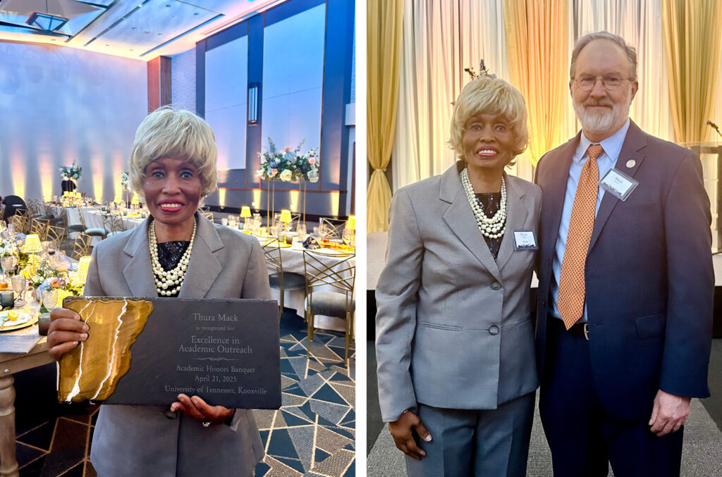 Left: Thura Mack displays her Excellence in Academic Outreach Award. Right: Thura Mack with Dean of Libraries Steve Smith.