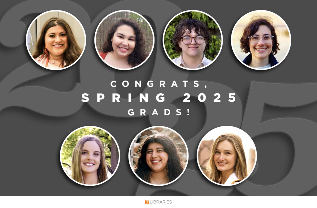 Graduating library staff and students, Spring 2025. Top row, L–R: Faith Nevarez, Nina Richard, Evan Shannon, Sarah Silva. Bottom row, L–R: Brooke Talley, Jenniffer Vespa, Isabel Watson.