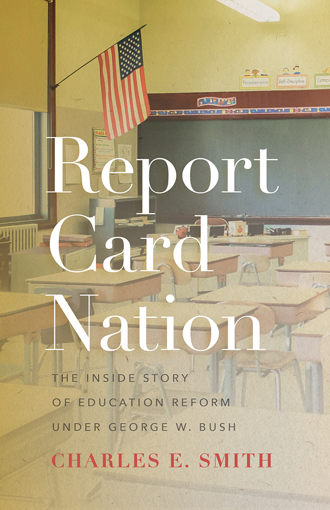 book jacket: "Report Card Nation" features a classroom with chalkboard, flag, student desks
